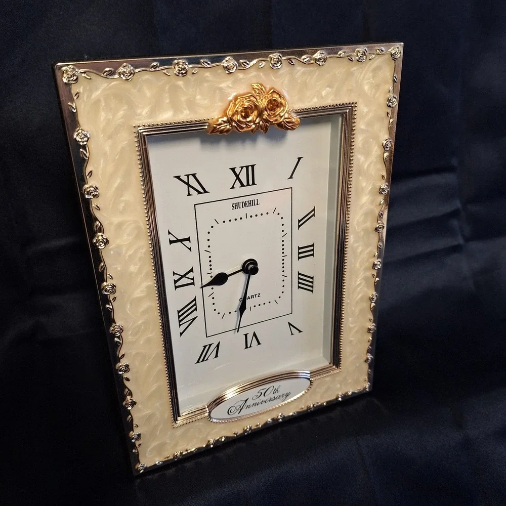 Happy 50th Wedding Anniversary Quartz Enameled Table Clock Golden Gift Present